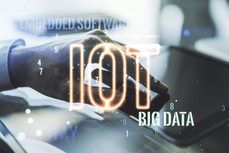 Creative IOT concept with finger clicks on a digital tablet on background. Multiexposure
