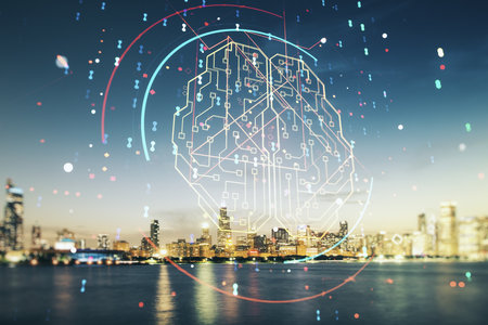 Virtual creative artificial Intelligence hologram with human brain sketch on Chicago cityscape background. Double exposureの写真素材