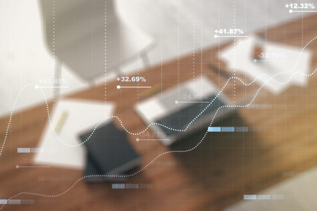 Multi exposure of abstract statistics data hologram interface and modern desk with computer on...