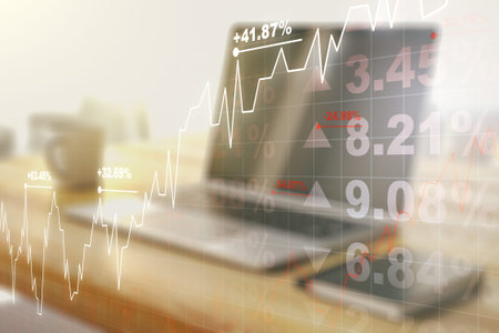 Double exposure of abstract creative financial diagram and modern desk with computer on background,...
