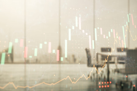 Abstract creative financial graph and world map on a modern coworking room background, financial and...