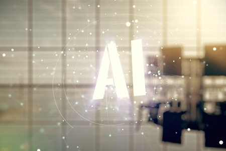 Abstract virtual artificial Intelligence symbol hologram on a modern conference room background....