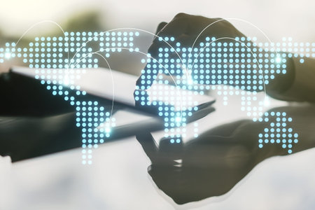 Abstract creative world map with connections and finger clicks on a digital tablet on background,...