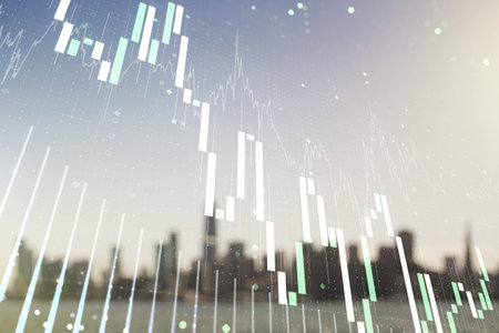 Multi exposure of virtual abstract financial diagram on blurry office buildings background, banking and accounting conceptの写真素材