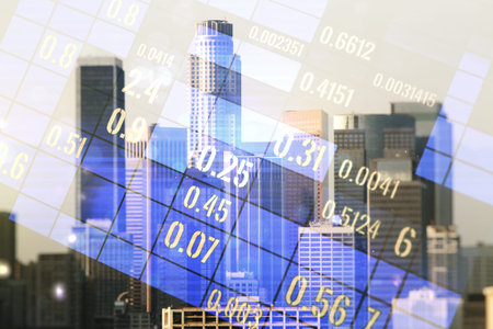 Multi exposure of abstract statistics data hologram interface on Los Angeles office buildings...