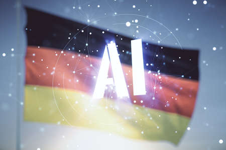 Abstract virtual artificial Intelligence symbol hologram on flag of Germany and sunset sky background. Multiexposureの写真素材