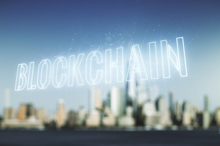 Abstract virtual blockchain technology sketch on blurry office buildings background, future...
