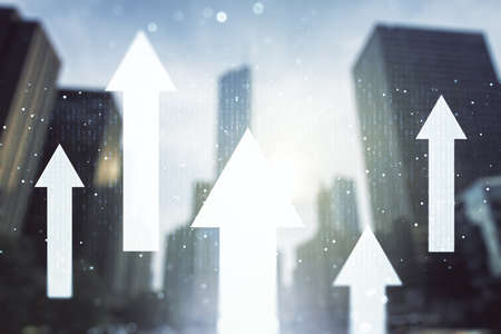 Abstract virtual upward arrows sketch on blurry cityscape background, target and goal concept. Multiexposureの写真素材