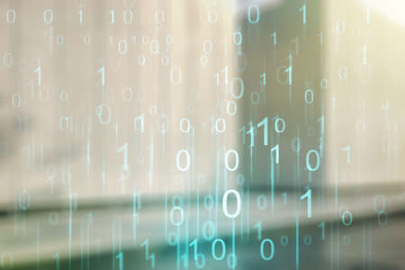 Abstract virtual binary code hologram on blurry contemporary office building background, AI and machine learning concept. Multiexposureの写真素材