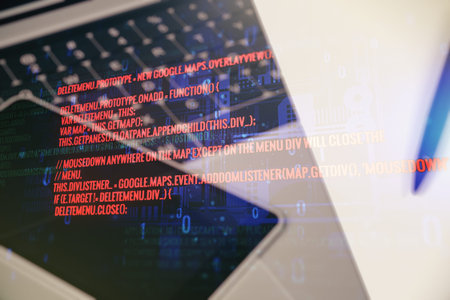 Multi exposure of abstract graphic coding sketch on modern computer background, big data and...