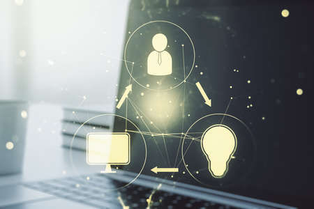Social network media concept with modern computer on background. Double exposureの写真素材