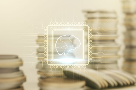 Virtual creative artificial Intelligence hologram with human brain sketch on stacks of coins...