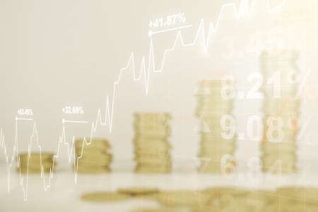 Multi exposure of abstract virtual financial graph hologram on stacks of coins background, forex and investment conceptの写真素材
