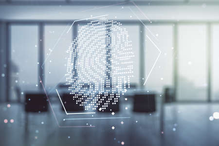 Multi exposure of virtual abstract fingerprint illustration on a modern conference room background, digital access conceptの写真素材