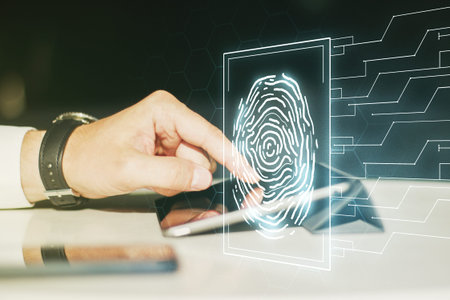 Multi exposure of creative fingerprint hologram with finger presses on a digital tablet on...