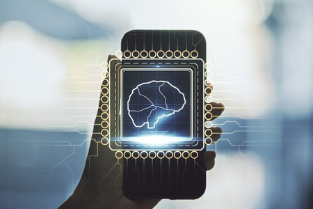 Double exposure of creative human brain microcircuit and hand with cellphone on background. Future...