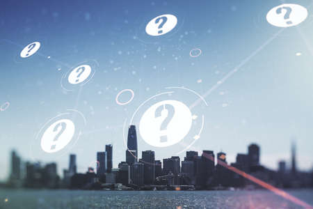 Abstract virtual question mark illustration on San Francisco skyline background. FAQ and search concept. Multiexposureの写真素材