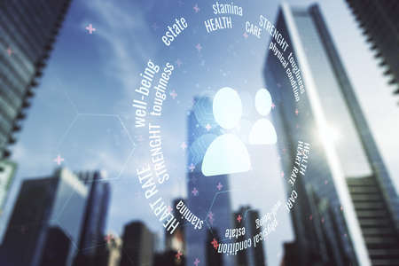 Abstract virtual people icons sketch on blurry cityscape background, life and real estate insurance online concept. Double exposureの写真素材