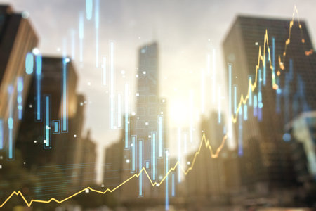Double exposure of abstract financial graph on office buildings background, financial and trading...