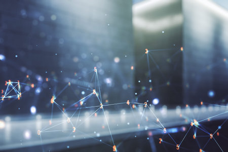 Abstract virtual wireless technology hologram on blurry contemporary office building background,...