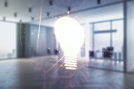 Abstract virtual light bulb illustration on a modern furnished classroom background, future...