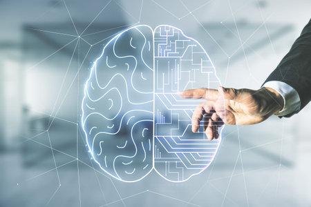 Man hand working with virtual creative artificial Intelligence hologram with human brain sketch on...