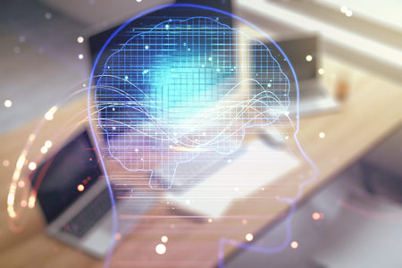 Double exposure of creative human head microcircuit and modern desk with computer on background....