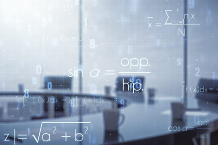 Scientific formula hologram on a modern boardroom background, research concept. Multiexposure