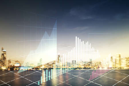 Multi exposure of virtual creative financial chart hologram on Chicago skyscrapers background, research and analytics conceptの写真素材