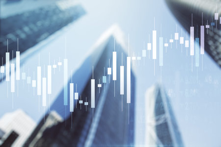 Multi exposure of abstract financial graph on office buildings background, forex and investment...