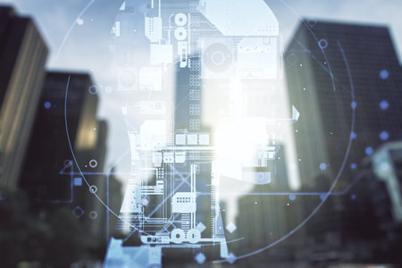Double exposure of creative artificial Intelligence hologram on modern skyscrapers background. Neural networks and machine learning conceptの写真素材