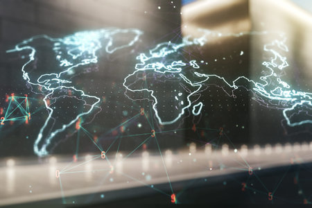 Multi exposure of abstract creative digital world map hologram on blurry modern office building...