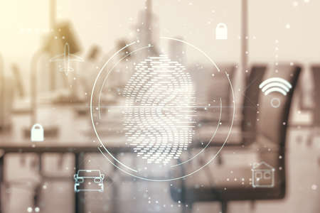 Double exposure of virtual creative fingerprint hologram on a modern furnished office interior background, protection of personal information conceptの写真素材