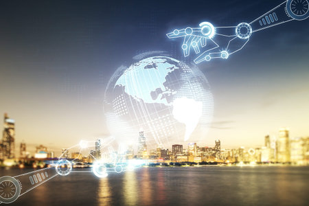 Double exposure of abstract virtual robotics technology with world map hologram on Chicago city...