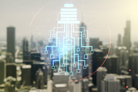 Virtual creative idea concept with light bulb and microcircuit illustration on blurry skyline...
