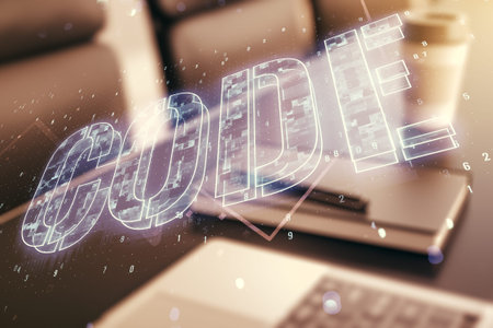 Creative Code word hologram on modern computer background, artificial intelligence and neural...