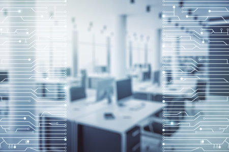 Abstract virtual microscheme illustration on a modern furnished office background. Big data and...