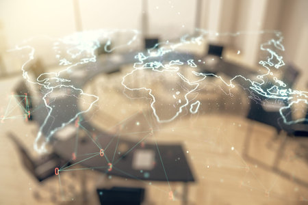 Multi exposure of abstract creative digital world map hologram on a modern conference room...
