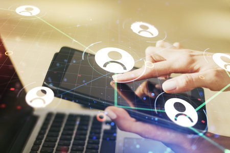 Social network concept with finger clicks on a digital tablet on background. Multiexposure