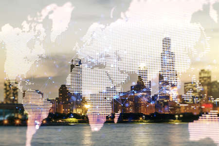 Double exposure of abstract digital world map hologram on Chicago office buildings background, big data and blockchain conceptの写真素材