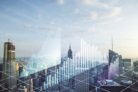 Multi exposure of virtual abstract financial graph interface on Manhattan cityscape background,...