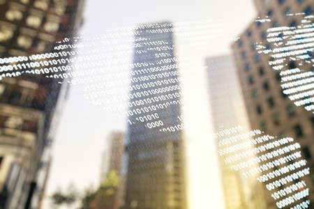 Digital map of North America hologram on modern architecture background, global technology concept. Multiexposureの写真素材