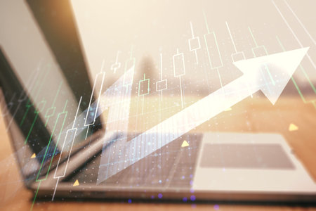 Multi exposure of abstract financial diagram with upward arrow on computer background, rise and...