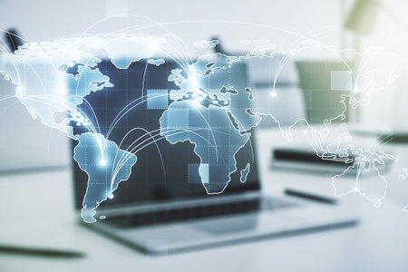 Abstract graphic digital world map with connections on modern computer background, globalization...