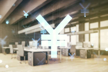 Abstract virtual Japanese Yen symbol illustration on a modern furnished office background. Trading and currency concept. Multiexposureの写真素材