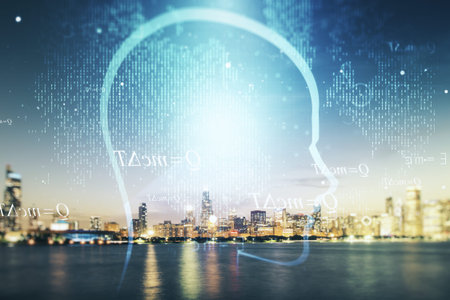 Abstract virtual artificial Intelligence interface with human head hologram on Chicago skyline...
