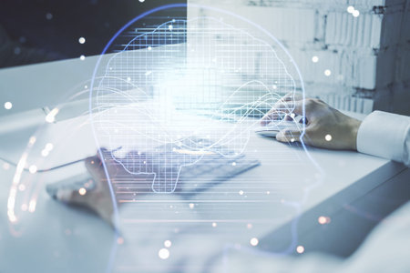 Double exposure of creative artificial Intelligence symbol with hands typing on laptop on...