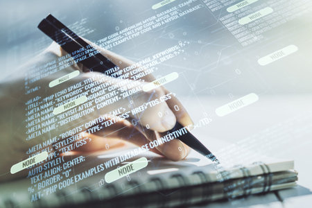 Double exposure of abstract programming language with man hand writing in notebook on background,...