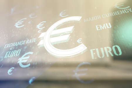 Virtual EURO symbols illustration on blurry contemporary office building background, forex and currency concept. Multiexposureの写真素材