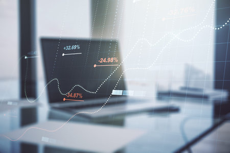 Double exposure of abstract creative statistics data hologram on computer background, analytics and...